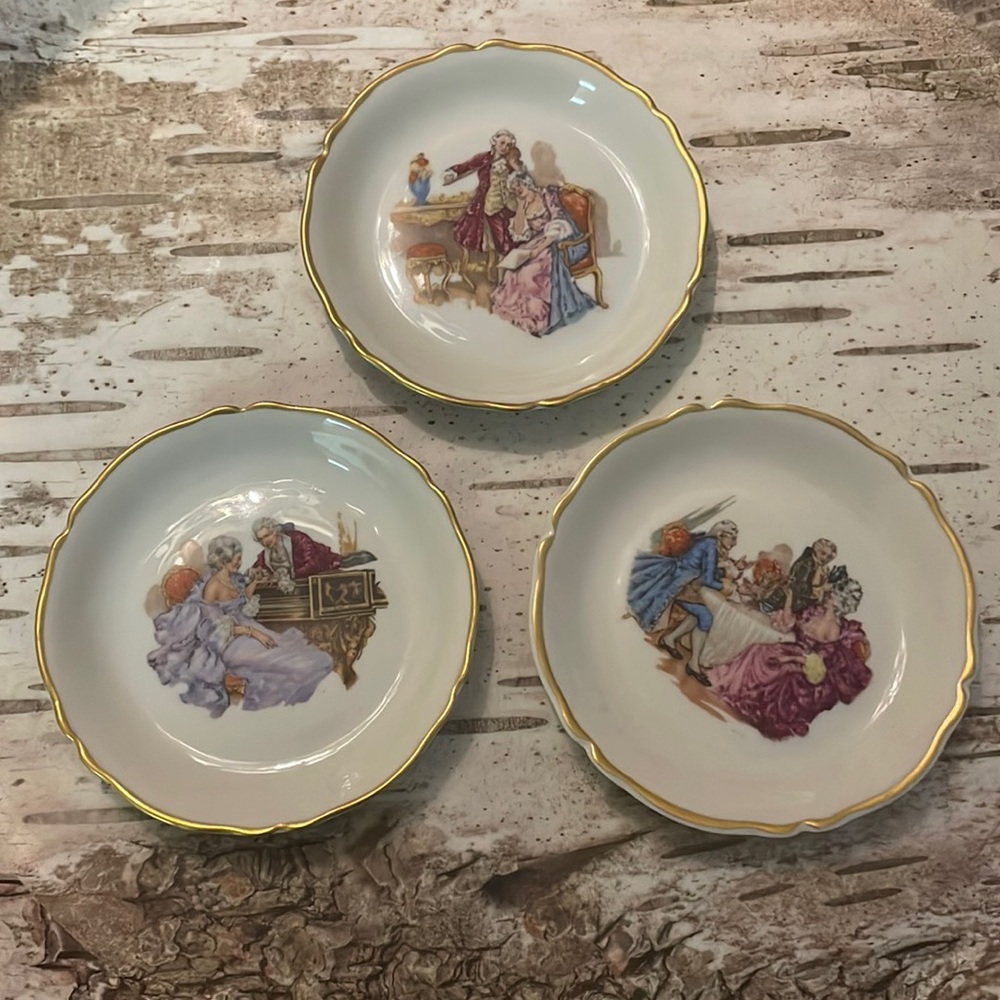 French Limoges Porcelain Lover’s Scenes Trio Saucers